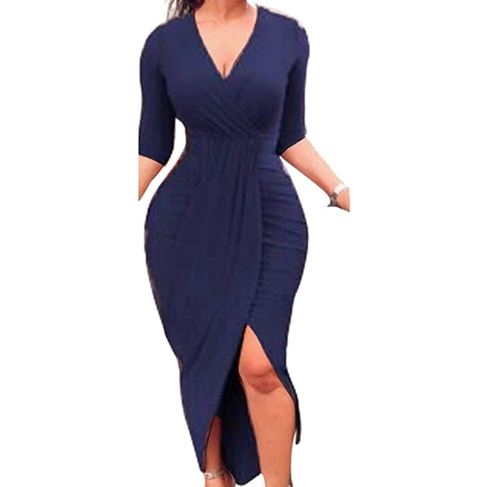 Draped Navy Blue Midi Dress - Picture 2 of 5